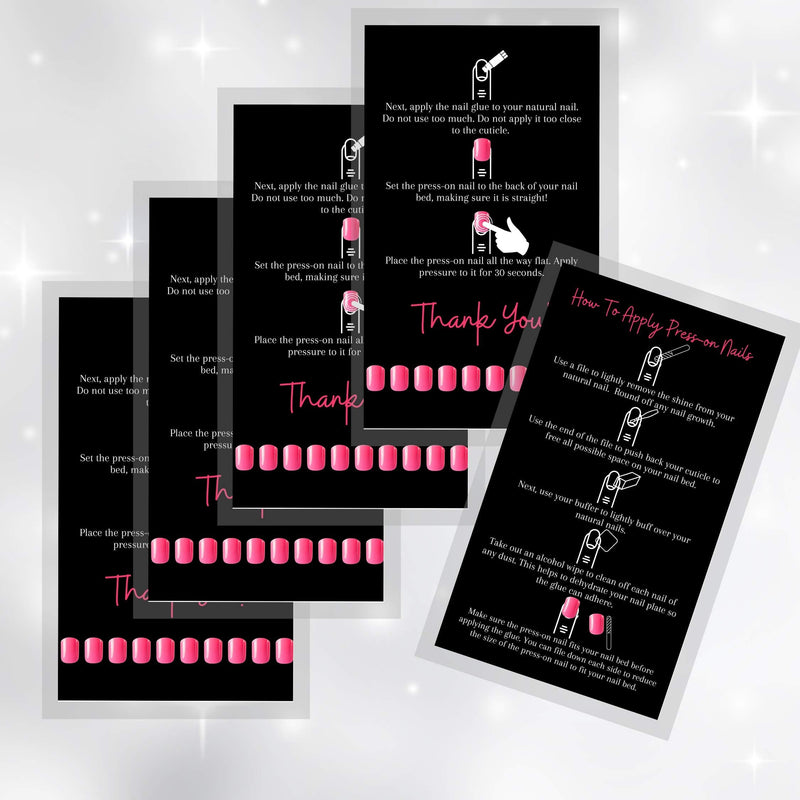 [Australia - AusPower] - Press-On Nail Application Instructions Cards | 50 Pack | 2x3.5" inch Business Card Size | DIY Press-On Nail Kit | Black and Pink Design 
