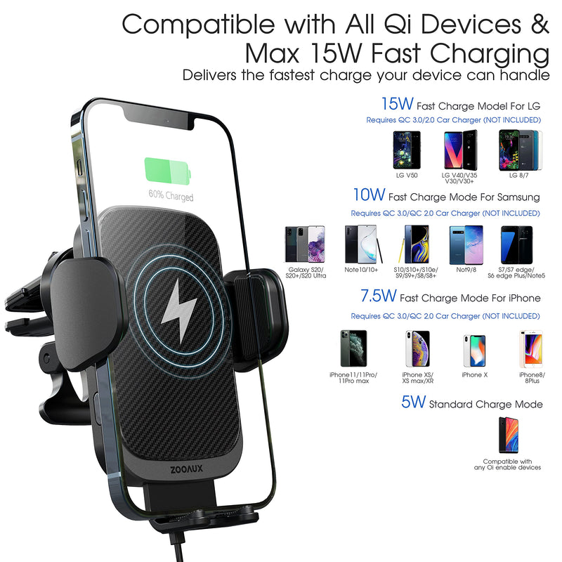[Australia - AusPower] - [Upgraded Version] ZOOAUX 15W Fast Wireless Car Charger Vent Mount, Fast Charging Auto-Clamping Air Vent Car Phone Holder for iPhone 13/13 mini/12/11/XS/XR/X/8,Samsung S22/S21/S20/S10/S9 Note 10(Grey) Grey 