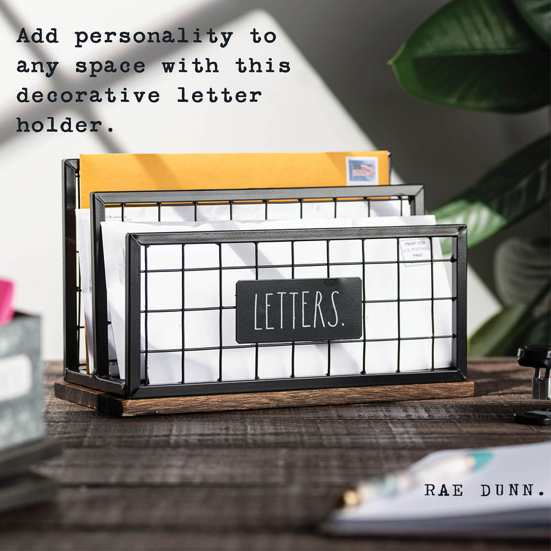 [Australia - AusPower] - Rae Dunn Desktop Letter Holder – 2 Compartment Mail and Stationary Table Top Organizer – Chic and Stylish Galvanized Steel and Solid Wood - “Letters” Print - for Home and Office Dark Stain 