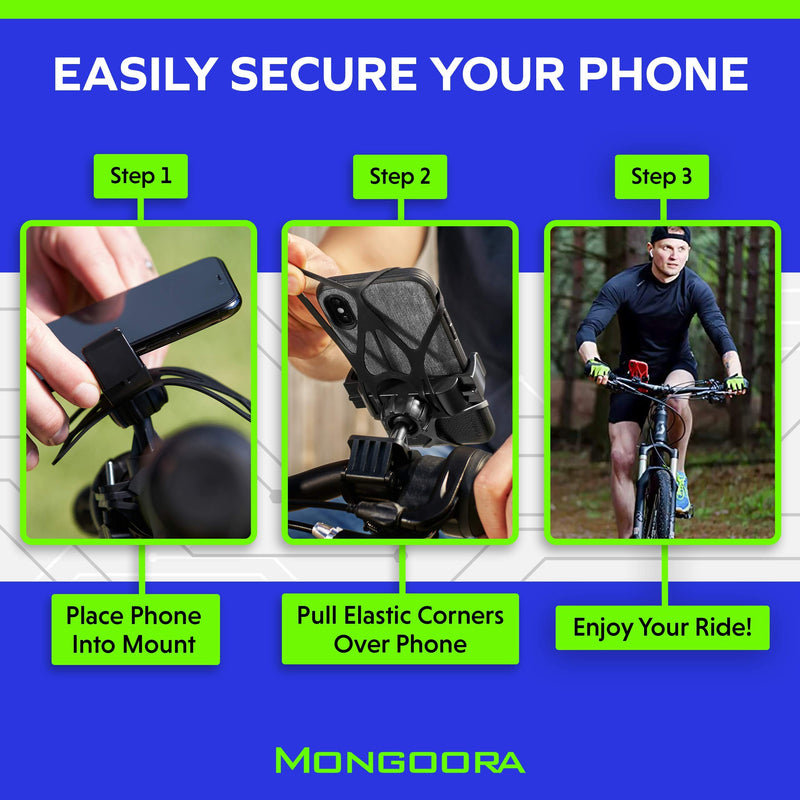 [Australia - AusPower] - Mongoora Bike & Motorcycle Phone and GPS Mount w/ 3 Bands (Black, Red, Green) Cell Phone Holder for Bicycle Handlebar Easy to Install Bike Accessories Fits iPhone 12 11 X 8 8 Plus, Galaxy S21 S20 S10 