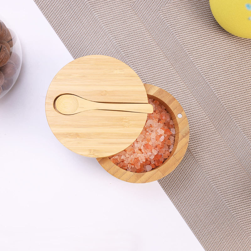 [Australia - AusPower] - Bamboo Salt Cellar with Mini Spoon by HTB, Kitchen Salt Box with Swivel Magnetic Closure Lid, Round Salt Container to Storage Pepper Spice Bath Salt Sea Salt 1pcs 
