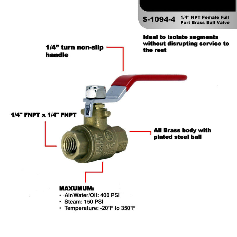 [Australia - AusPower] - Milton S-1094-4 1/4" FNPT Full Port Brass Ball Valve 