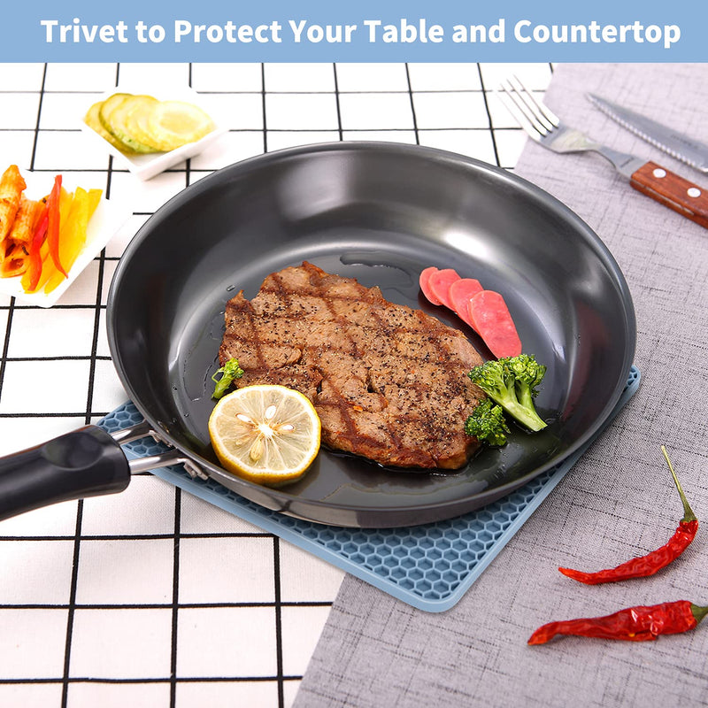 [Australia - AusPower] - Silicone Trivet Mats, Silicone Pot Holders for Hot Pan and Pot Pads. Heat Resistant Counter Mats for Tables, Countertops, Spoon Rest and Large Coasters, 4 Pack Gray& Blue(2 Squared + 2 Round Mats) A-Blue, Gray 