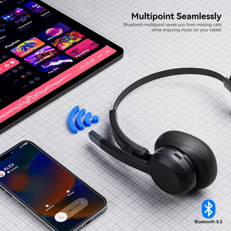 [Australia - AusPower] - LEVN Trucker Headset, Trucker Bluetooth Headset with Noise Cancelling Microphone & Mute Button, Bluetooth Headset 5.2 Multipoint for Work from Home/Cell Phone/Computer/Zoom/Teams/Truck Driver 
