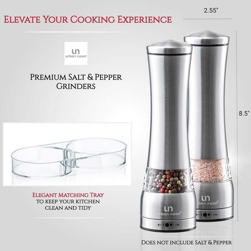 [Australia - AusPower] - Salt and Pepper Grinder Set - Stainless Steel Pepper Grinder and Salt Grinder with Tray in Luxurious Gift-Box - Manual Mills with Ceramic Grinders and Adjustable Coarseness (Set of 2 plus Tray) 