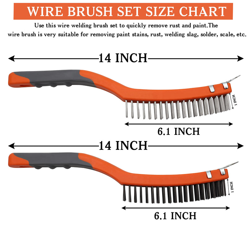 [Australia - AusPower] - Wire Brush Set 2 Pcs Stainless Steel and Carbon Wire Scratch Brush with Advanced 14" Long Rubber Handle for Cleaning Rust Paint Remover, Welding, Large 