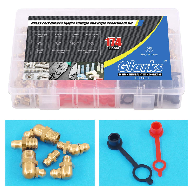 [Australia - AusPower] - Glarks 175Pcs SAE Standard Straight and 90 Degree and 45 Degree Brass Hydraulic Grease Fitting with 60Pcs Red Black Caps Assortment Kits 174Pcs SAE Grease Fitting with Cap 