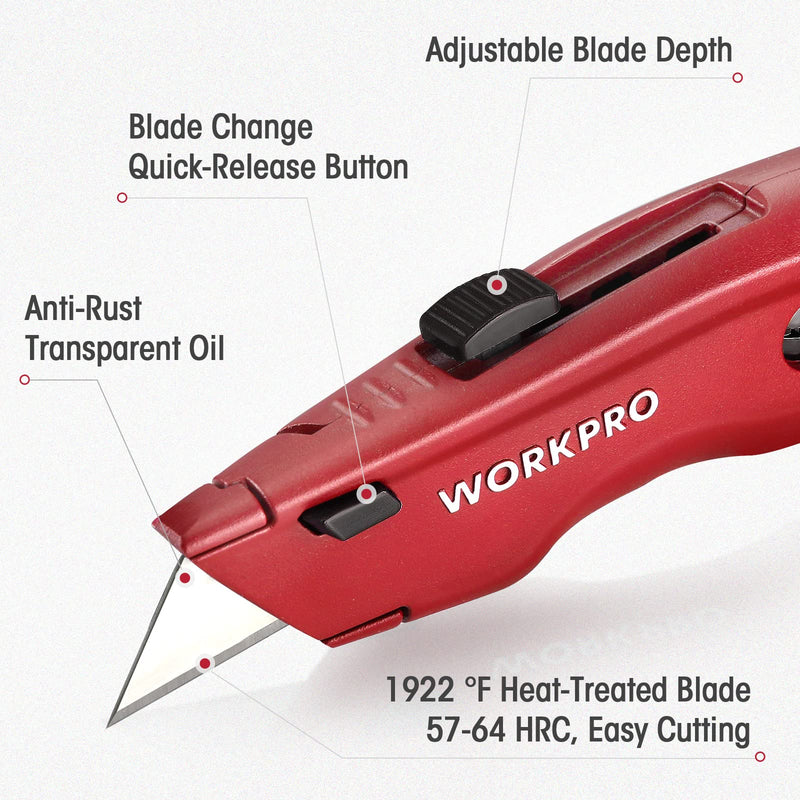 [Australia - AusPower] - WORKPRO Premium Utility Knife, 1PC Retractable All Metal Heavy Duty Box Cutter, Quick Change Blade Razor Knife, with 10 Extra Blades, Red 1PC Red 