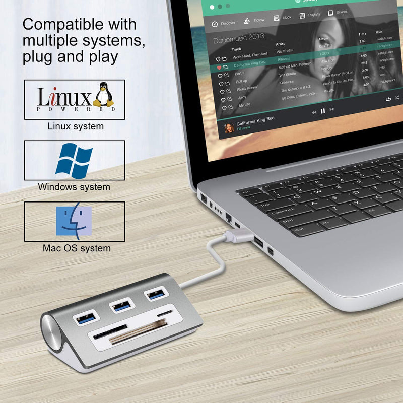 [Australia - AusPower] - Rybozen Aluminum 6-in-1 USB 3.0 Hub, Powered USB Hub with CF/SD/TF Card Port, Card Reader Hub for Mac Pro, iMac, MacBook, Laptop and Desktop PC 