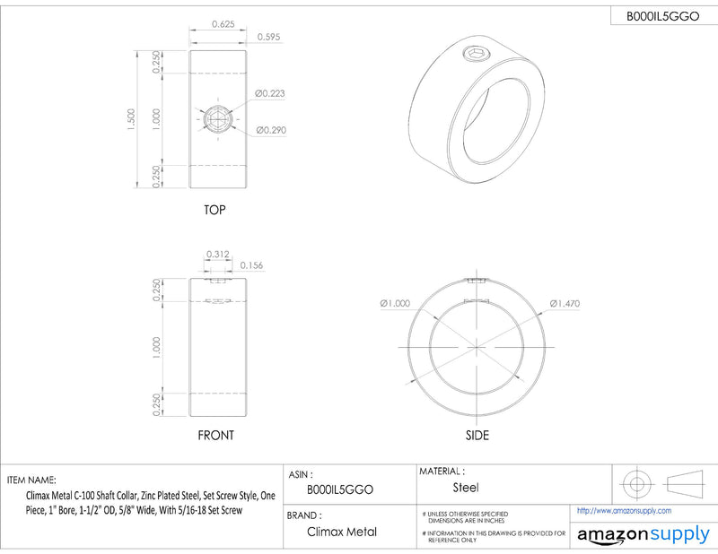 [Australia - AusPower] - Climax Metal C-100 Shaft Collar, Zinc Plated Steel, Set Screw Style, One Piece, 1" Bore, 1-1/2" OD, 5/8" Wide, With 5/16-18 Set Screw 