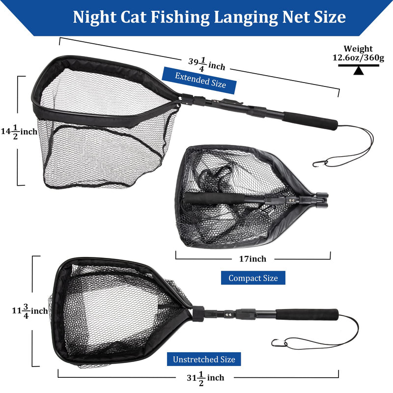 [Australia - AusPower] - Night Cat Floating Fishing Net with Robust Aluminum Alloy Telescopic Pole Folding Fish Landing Net Hook-Proof Rubber Coated Mesh for Freshwater Saltwater Kayak Pond Fly Fishing 