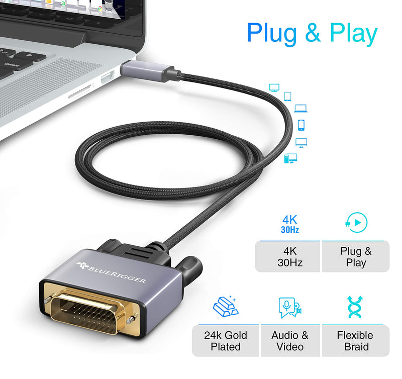[Australia - AusPower] - BlueRigger USB C to DVI Cable (6 Feet, 4K 30Hz, USB 3.1 Type C to DVI, Thunderbolt 3 to DVI) USB-C to DVI-D Cable Compatible with Samsung Galaxy, Surface Book, MacBook Pro, Dell, Pixelbook and More 6 Feet 
