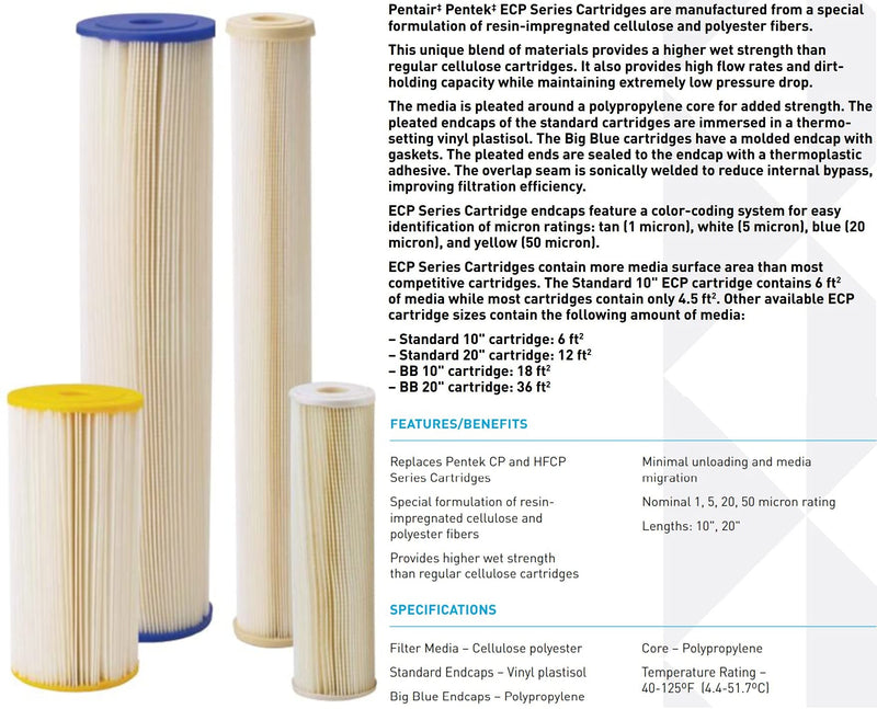 [Australia - AusPower] - Pentair Pentek ECP50-10 Sediment Water Filter, 10-Inch, Under Sink Pleated Cellulose Polyester Replacement Cartridge, 10" x 2.5", Yellow End-Cap, 50 Micron 50 Micron - Yellow 