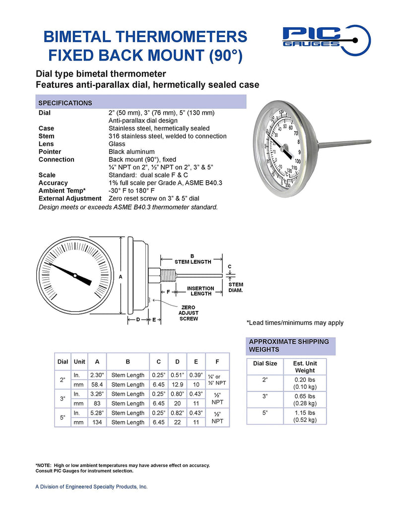 [Australia - AusPower] - PIC Gauge B3B6-TT 3” Dial Size, 200/1000°F and 93/538°C, 6" Stem Length, Back Angle Connection, Stainless Steel Case, 316 Stainless Steel Stem Bimetal Thermometer 200 - 1000 Deg F / 93 - 538 Deg C 