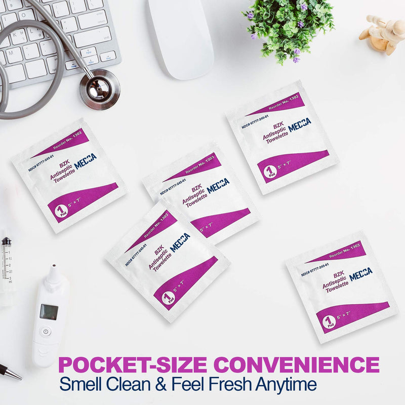[Australia - AusPower] - Benzalkonium Chloride Towelletes Hand Wipes – (Pack of 200) Chloride Swabs Individual BZK Single-Use Packets by MEDca 5"x6" 