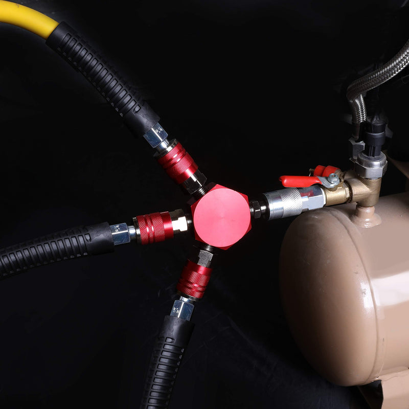 [Australia - AusPower] - Hromee 3-Way Air Manifold 4 Ports Aluminum Industrial Flat Hex Quick Connect Air Hose Splitter with 3 Steel Couplers and 1/4" Male NPT Plug 