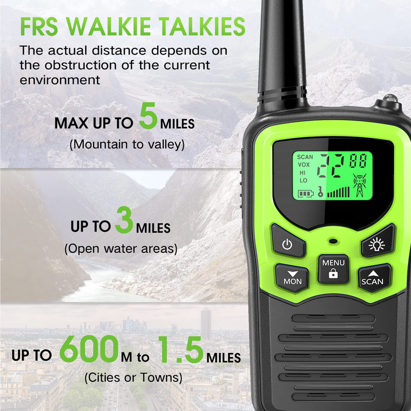 [Australia - AusPower] - Walkie Talkies,MOICO Long Range Walkie Talkies for Adults Two-Way Radios with 22 Channels FRS VOX Scan LCD Display with LED Flashlight for Field, Survival Biking Hiking Camping 2 Pack (Green) Green 