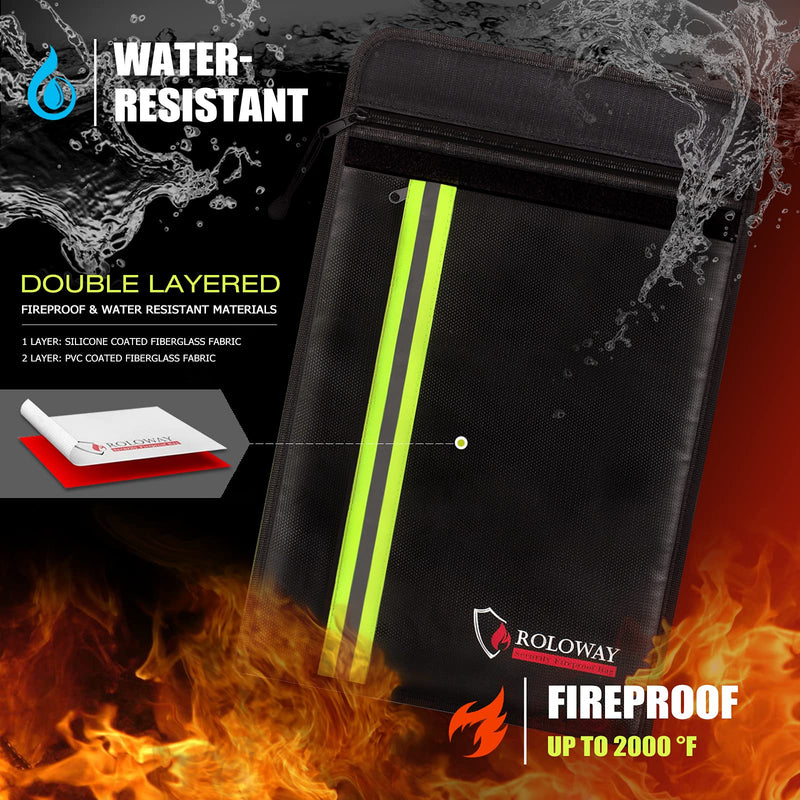 [Australia - AusPower] - ROLOWAY Fireproof Document Bag (15 x 11 inch) with 2 Pockets & Waterproof Zipper, Fireproof Money Bag, Fire Safe Bag with Reflective Strip, Fireproof Envelope for Cash, Legal Documents Safe (Black) Black 