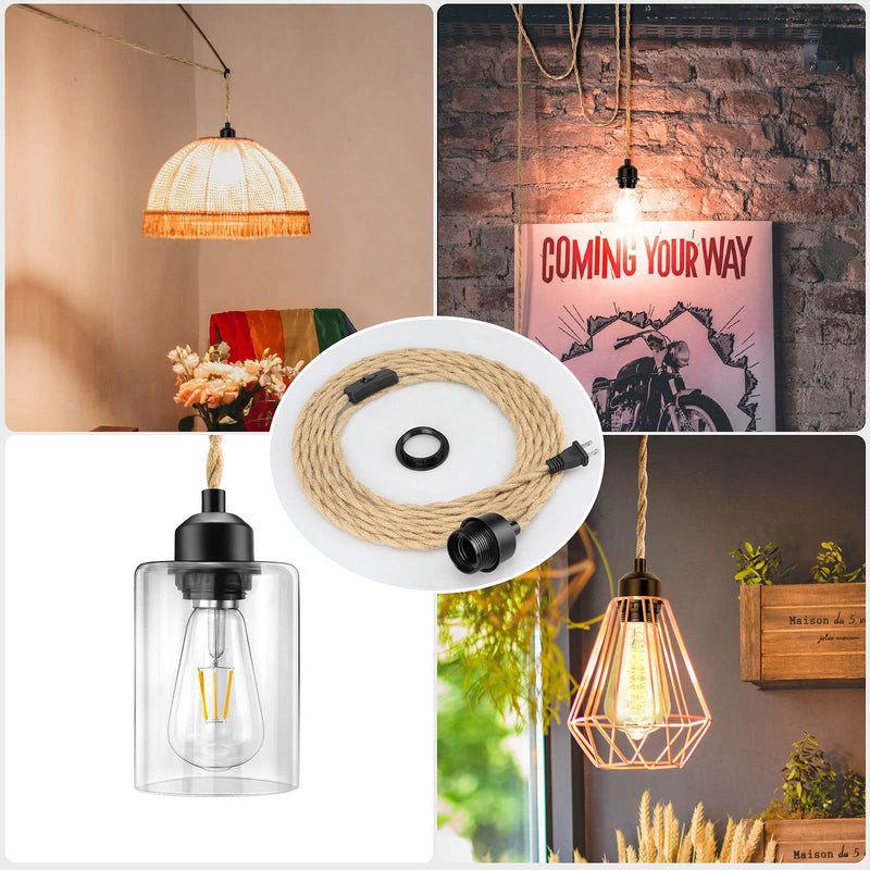 [Australia - AusPower] - LYOOWNG Plug in Pendant Light Cord, Farmhouse Pendant Lighting Kit, 15FT Hemp Rope Plug in Hanging Light Cord Kit with On/Off Switch, E26 E27 Light Socket Cord for Hanging Light 