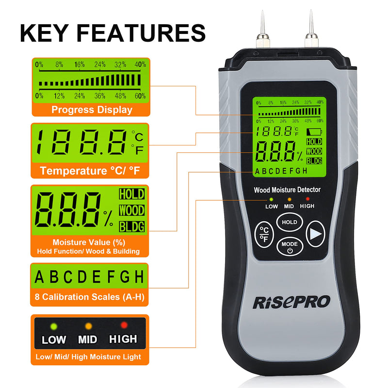[Australia - AusPower] - RISEPRO Wood Moisture Meter Two Pins Digital Humidity Tester, Moisture Detector Inspection for Building Material Firewood Wall Paper Floor w/Backlit LCD 