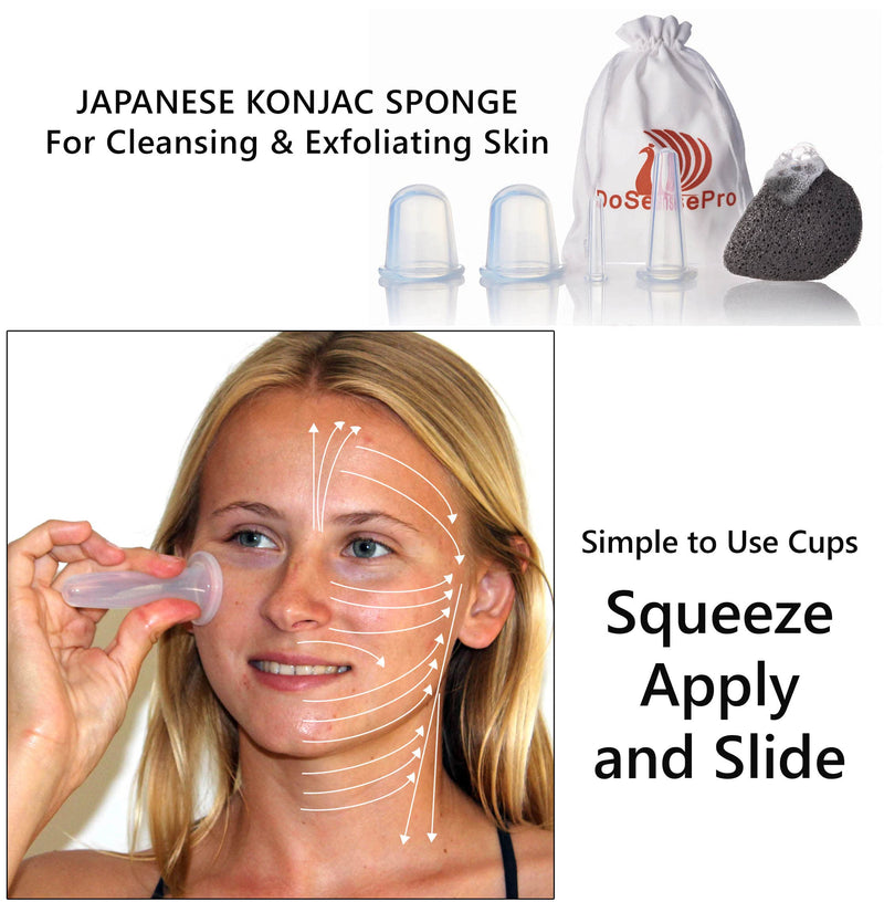 [Australia - AusPower] - Facial Cupping Set Anti Aging - Face and Body Relaxation Gift - Natural Face Lift by DoSensePro - Improve Face, Eyes and Neck Skin Wrinkles + Bonus Konjac Sponge - Anti Cellulite Cupping Therapy Set (2L 1M 1S) 5 Piece Set 