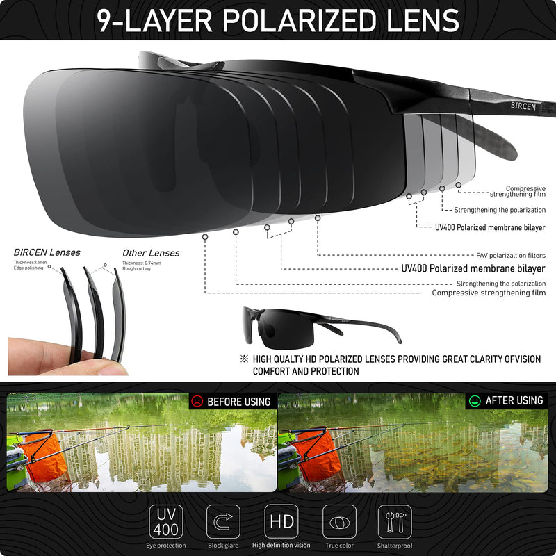 [Australia - AusPower] - Bircen Mens Polarized Carbon Fiber Sunglasses UV Protection Sports Fishing Driving Sunglasses for Men Al-Mg Frame Black Frame Black Lens 