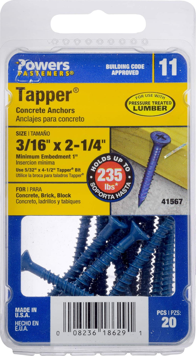 [Australia - AusPower] - Hillman Fastener 41567 Blue Flat-Head Phillips Concrete Screw Anchor, 3/16" x 2-1/4", 20 Pieces 