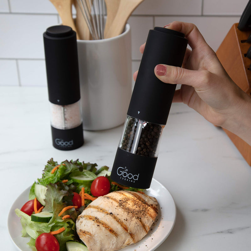 [Australia - AusPower] - Electric Pepper Grinder and Salt Mill (2 Pack)- Battery Operated One-Handed Spice Dispenser w LED Light & Adjustable Coarseness- Matte Black, Batteries Included 2 