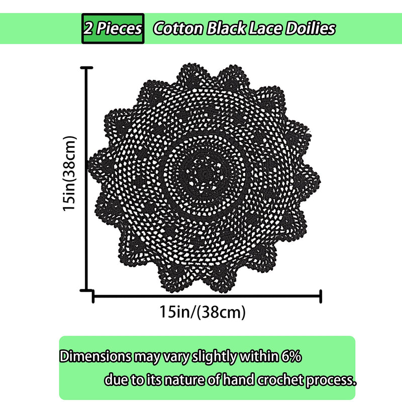 [Australia - AusPower] - Qxzvzem 2 Pieces 15 Inch Doilies Crochet for Dressers and End Tables Crafts Disposable Medium Halloween Valentines Doilies Cloth Lace Placemats Coasters Black Cotton Round Vintage Tablecloth 