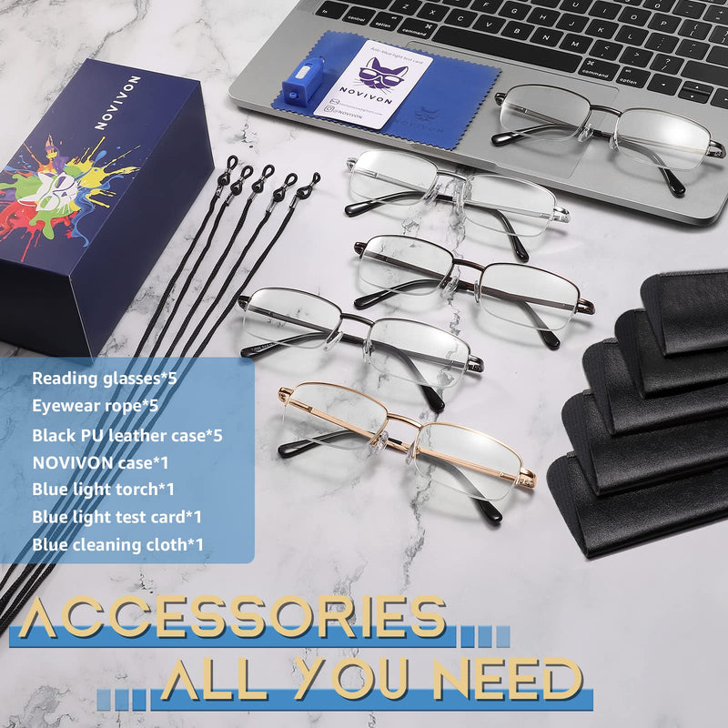 [Australia - AusPower] - NOVIVON 5 Pack Reading Glasses for Men, Metal Blue Light Blocking Readers with Spring Hinges, Anti Eye Strain Eyeglasses (Gunmetal*2, Gold, Silver, Brown, 1.5) Gunmetal*2, Gold, Silver, Brown 1.5 x 