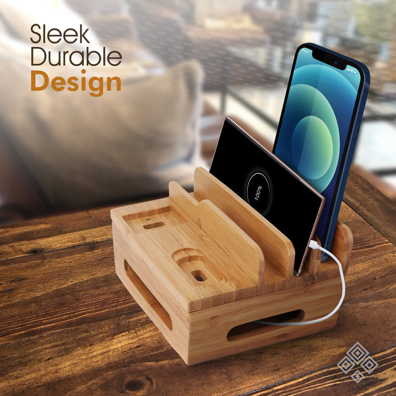 [Australia - AusPower] - komonotown Natural Bamboo Charging Station for Multiple Devices, Docking Station Organizer for iPhone, Smart Watch, Tablet, Airpod - for Bedside, Desk (No USB Hub) 