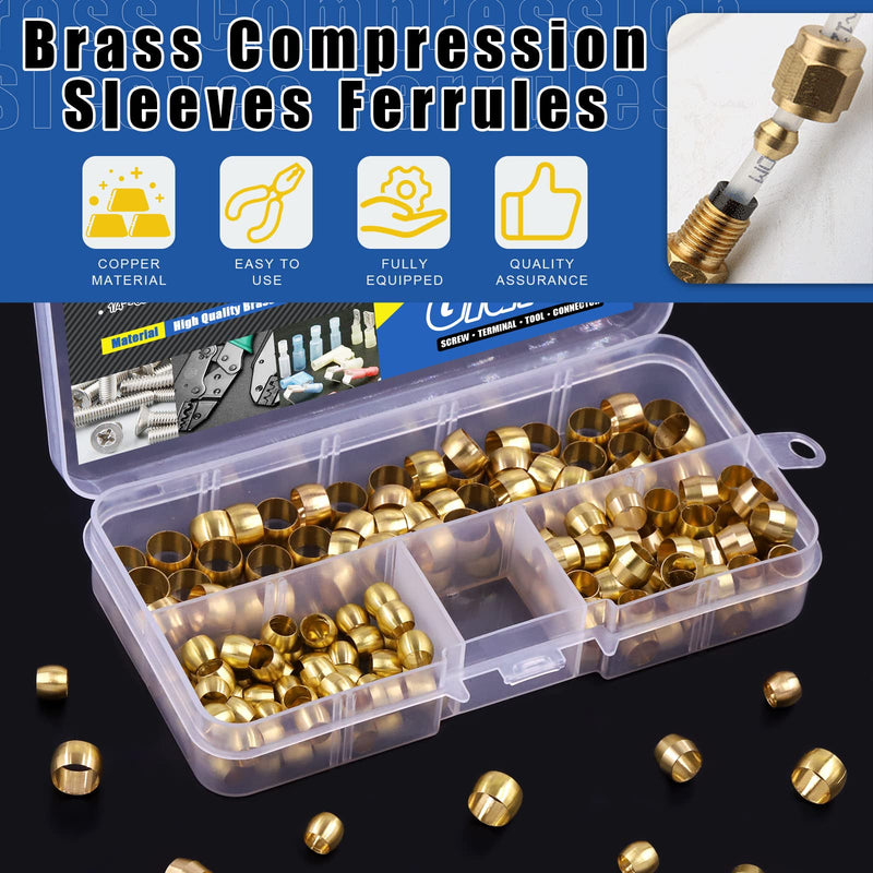[Australia - AusPower] - Glarks 180Pcs Tube OD 3/16" 1/4" 5/16" Brass Compression Sleeves Ferrules, 3 Size Brass Compression Fitting Assortment Kit 