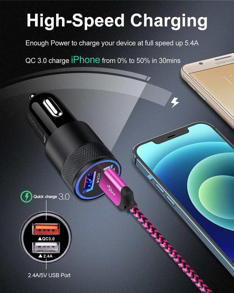 [Australia - AusPower] - 30W iPhone Car Charger, Apple Lightning Cable Cigarette USB Lighter Adapter Fast Charging for iPhone 13 12 Pro Max Mini SE 11Pro Max X 10 XR XS 8, 5.4A Dual Port Cargador Carro Lightening Cord - 6Ft Rose red 