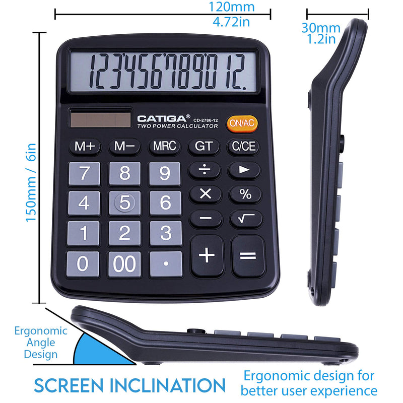 [Australia - AusPower] - Desktop Calculator 12 Digit with Large LCD Display and Sensitive Button, Solar and Battery Dual Power, Standard Function for Office, Home, School, CD-2786 (Black) Black 