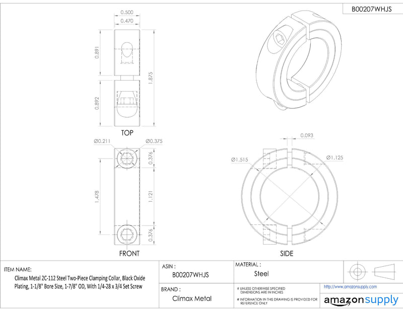 [Australia - AusPower] - Climax Metal 2C-112 Steel Two-Piece Clamping Collar, Black Oxide Plating, 1-1/8" Bore Size, 1-7/8" OD, With 1/4-28 x 3/4 Set Screw 