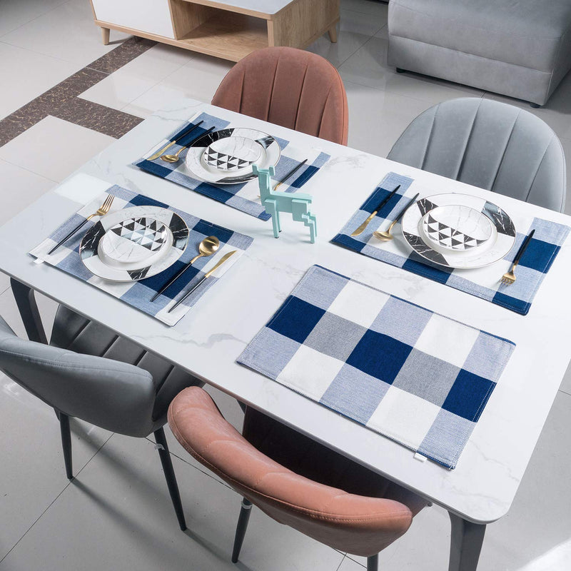 [Australia - AusPower] - smile of hope Blue and White Buffalo Plaid Placemats , Kitchen Dining Table mats, Imitation Hempable Heat Resistant 12x18 Inche Waterproof Checkered Cloth Place mats Set of 4 Dark Blue and White Plaid 12x18 inch 