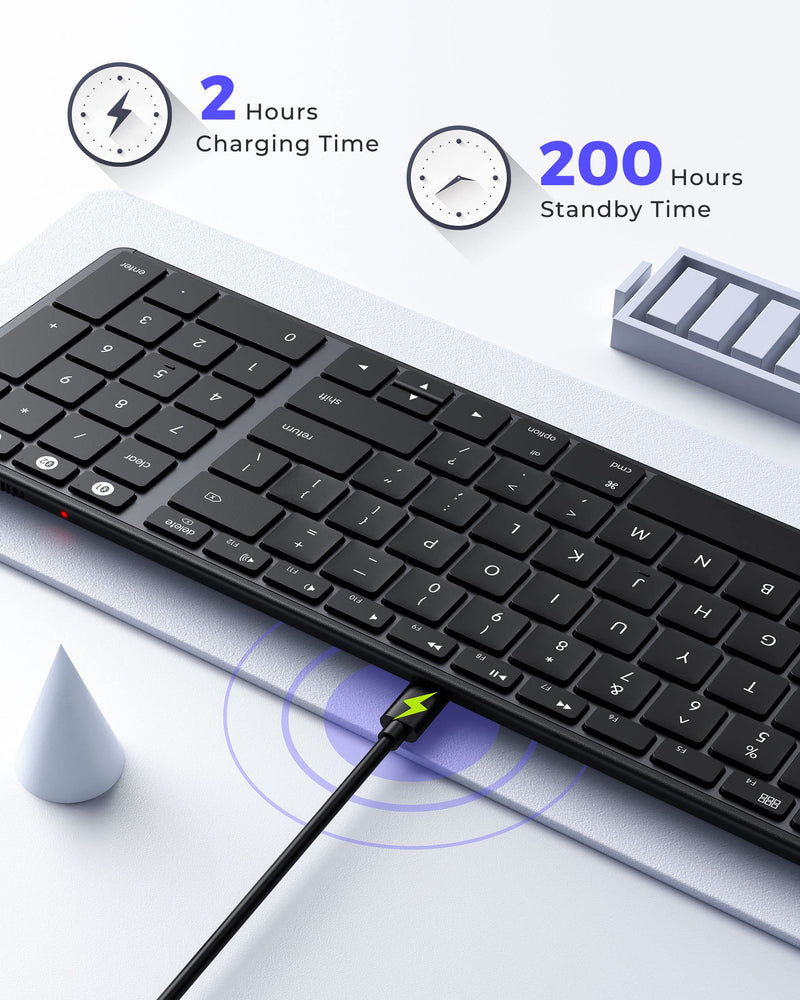 [Australia - AusPower] - seenda Wireless Keyboard Compatible for Mac, Stainless Steel Bluetooth Keyboard Rechargeable Multi-Device Quiet Full Size with Number Pad, Silent Buetooth Keyboard for Mac, iPad OS, iOS, Gray 