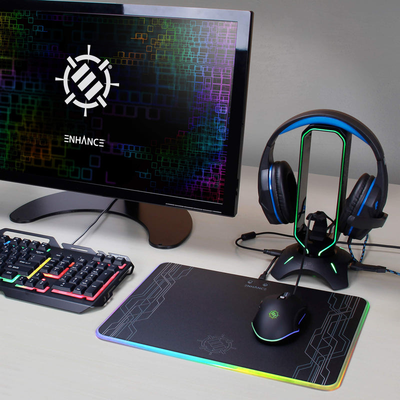 [Australia - AusPower] - ENHANCE Gaming Headset Stand - LED Headphone Stand with Mouse Bungee and 2 Port USB Hub - 7 RGB Colors + Color Changing Mode, Headset Holder, Mouse Bungee 3-in-1 Gaming Desktop Accessory 