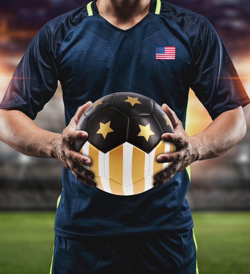 [Australia - AusPower] - Barocity Golden US Flag Soccer Ball - Premium Official Match Ball with Gold Stars Artwork, Durable Sport Boys and Girls Gold Soccer Ball for Indoor, Outdoor, Training, and Practice Games Size 5 