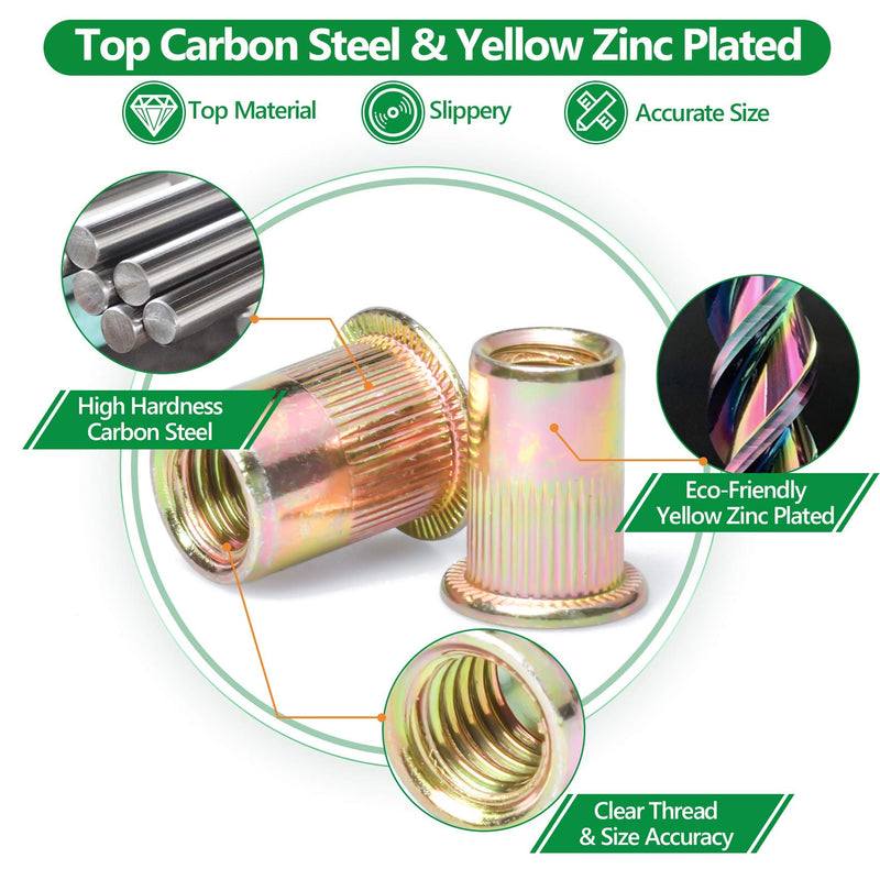 [Australia - AusPower] - Rivet Nut, 160PCS 1/4"-20UNC, 8-32UNC, 10-24UNC, 5/16"-18UNC, 3/8"-16UNC Yellow Zinc Plated Carbon Steel Rivnut Kit, Flat Head Threaded Insert Nutserts Assortment Set for Automotive Furniture 160PCS Carbon Steel 