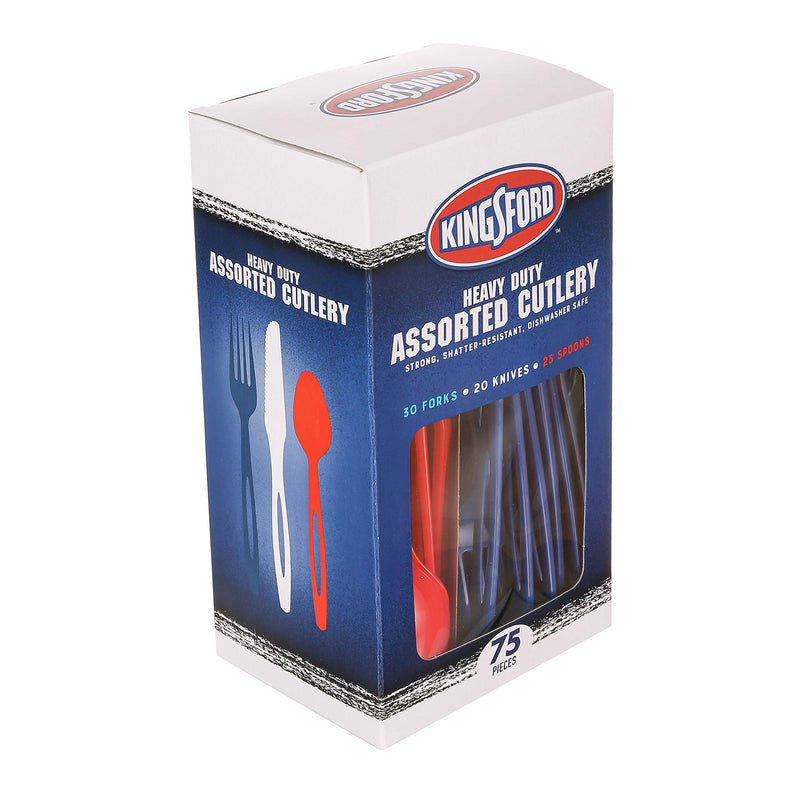 [Australia - AusPower] - Kingsford Full Size Assorted Plastic Cutlery 75ct Heavy Duty Disposable Plastic Cutlery Set Includes 30 Forks 20 Knives and 25 Spoons for Any Occasion Plastic Cutlery, Red, White, Blue, 75 Count 75 Pieces 