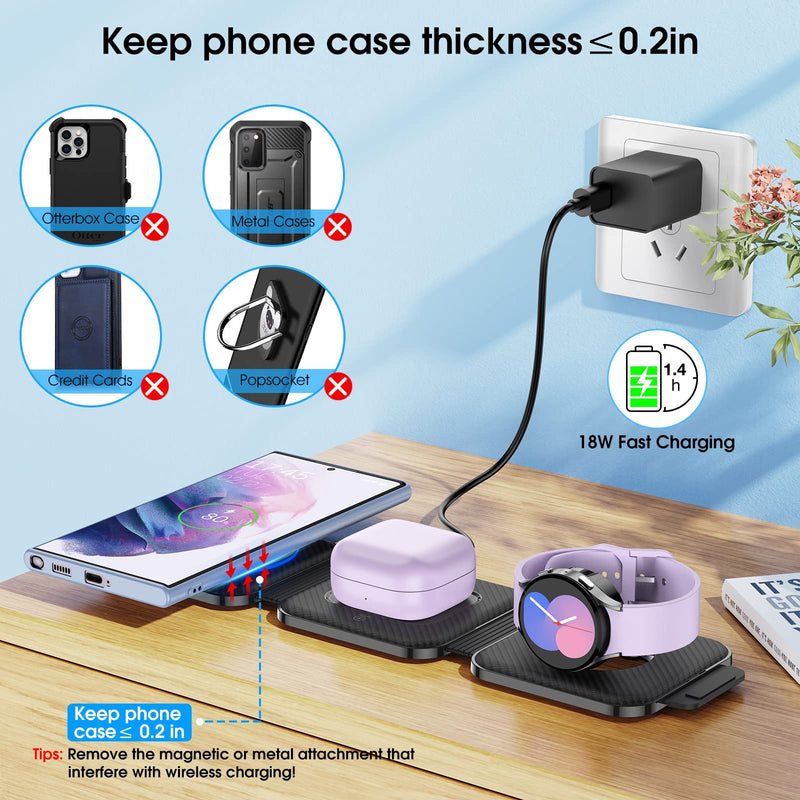 [Australia - AusPower] - Pocket Wireless Charger for Samsung Android Phone, Fast Foldable Travel Wireless Charging Station Stand Compatible for Samsung Galaxy Watch/Buds Pro/for Samsung S23 Ultra/S22/S21/Z Flip 4/3 Fold 4/3 Black 