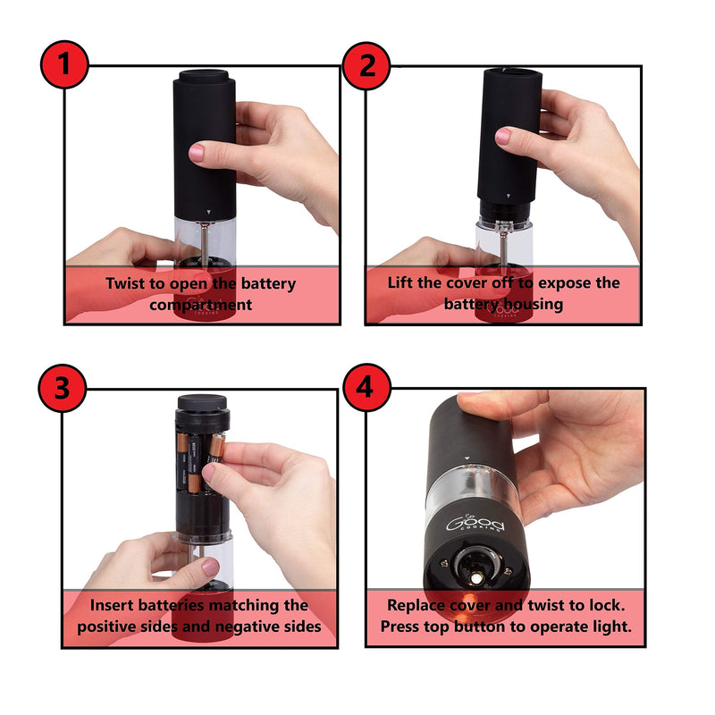 [Australia - AusPower] - Electric Pepper Grinder and Salt Mill (2 Pack)- Battery Operated One-Handed Spice Dispenser w LED Light & Adjustable Coarseness- Matte Black, Batteries Included 2 