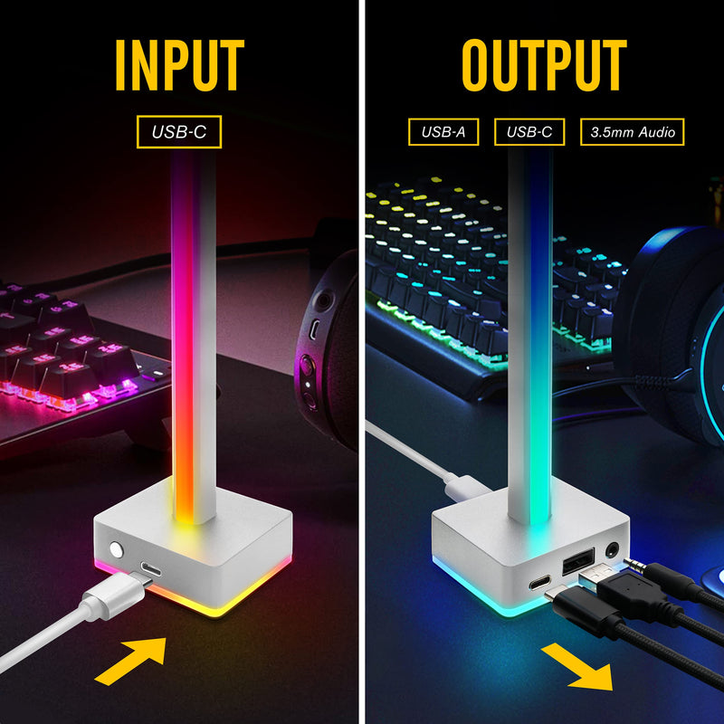 [Australia - AusPower] - EZDIY-FAB USB LED Light Bar Headphones Stand, Desktop Atmosphere RGB Backlight,50 Built-in Color Modes, Headphone Holder for Gamers Gaming PC PS5 Accessories Desk- White- 1 Pack 