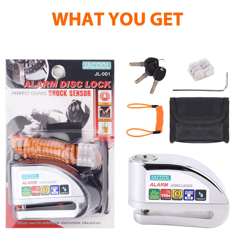 [Australia - AusPower] - JACOOL Disc Brake Lock Alarm Wheel Disc Lock Motorcycle Alarm with 110db Alarm Sound Security, Disc Brake Lock Anti-Theft Waterproof Security Lock with 5ft Reminder Cable for Bike Motorbike Scooter Silver 