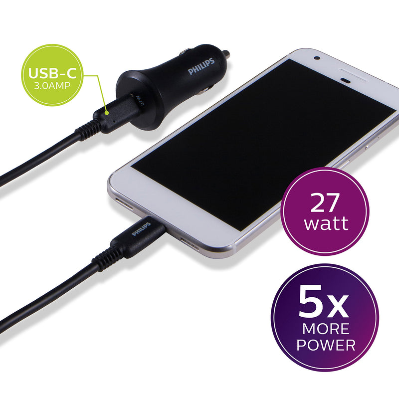 [Australia - AusPower] - Philips 27W USB-C Car Charger, for iPhone 12/11/Pro/Max/XS/XR/X/8, iPad Pro/Air/Mini, MacBook Air, Samsung Galaxy S21/S10/S9/Plus, Google Pixel 5/C/3/2/XL, Black, DLP2559Q/37 1 Pack 
