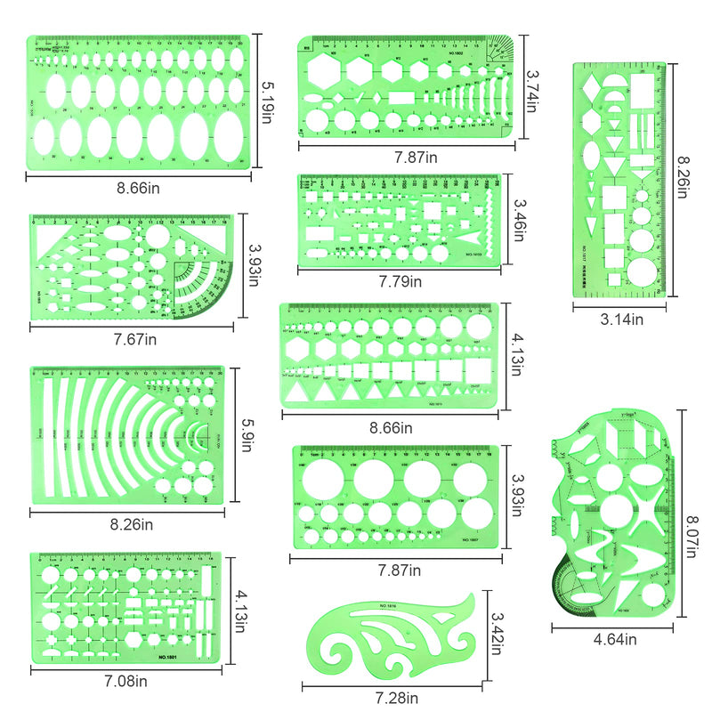 [Australia - AusPower] - 11PCS Geometric Drawings Templates, Drafting Stencils Measuring Tools, BetyBedy Plastic Clear Green Ruler Shapes with a Zipper Bags for Architecture, Office, Studying, Designing and Building 