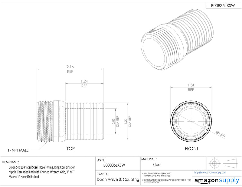 [Australia - AusPower] - Dixon STC10 Plated Steel Hose Fitting, King Combination Nipple Threaded End with Knurled Wrench Grip, 1" NPT Male x 1" Hose ID Barbed 1"-11-1/2 NPT Male x 1" Hose ID Barbed 