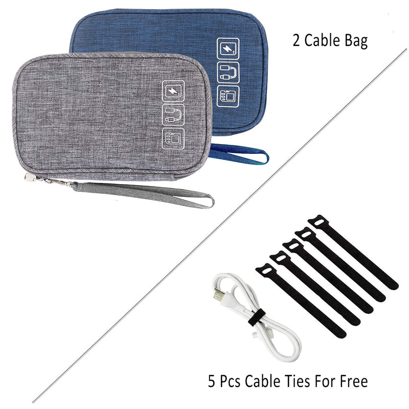 [Australia - AusPower] - Cable Organizer Bag, 2PCS Travel Cord Organizer Pouch Small Electronics Accessories Bag Tech Cord Storage Pouch for Cable, Charger, Phone, USB, SD Card,with 5pcs Cable Ties (Grey+Blue) Grey+Blue 