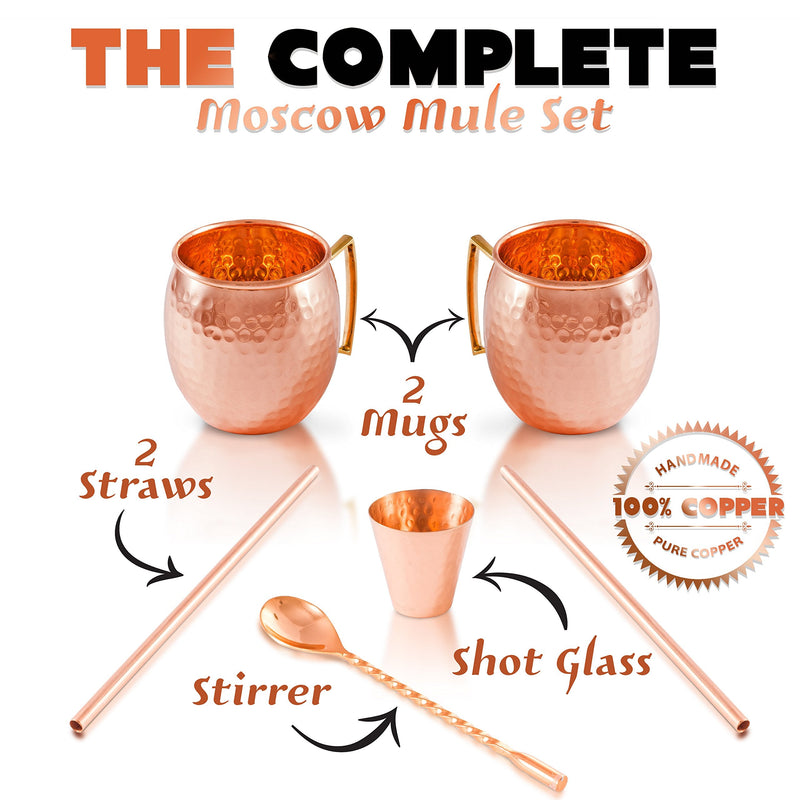 [Australia - AusPower] - Moscow Mule Copper Mugs - Set of 2 - 100% HANDCRAFTED Pure Solid Copper Mugs - 16 Oz, Gift Set With Cocktail Copper Straws, Copper Shot Glass & Copper Stirrer by Copper-Bar 